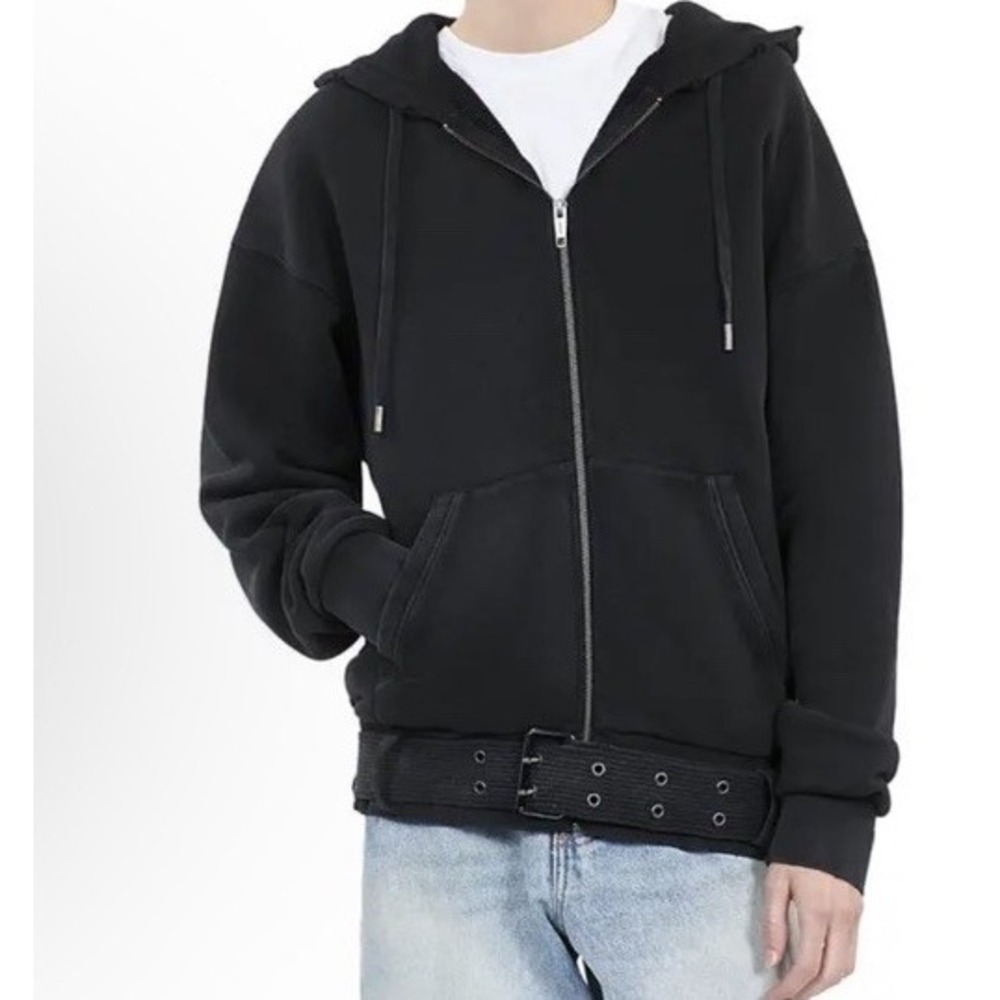 THE KOOPLES Integrated Belted Full Zip Cotton Jersey Hoodie Black Medium $355